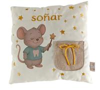 Perez&Fairy Cojín Ratoncito Pérez con Bolsillo para Dientes 30x30cm - Almohada Infantil Inspiradora con Texto Bordado, Regalo Raton Perez Niñas y Niños de 5 a 10 Años