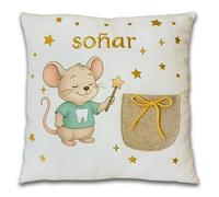 Perez&Fairy Funda de Cojin Infantil Ratoncito Perez con Bolsillo para Dientes (30x30 cm) | Almohada Infantil Decorativa | Peluche Raton Perez de Tela Suave | Idea de Regalo para Niño y Niña