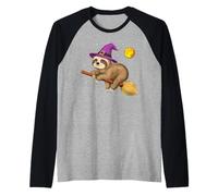 Perezoso Bruja Montando Escoba Halloween Aterrador Divertido Camiseta Manga Raglan
