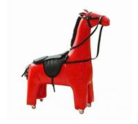 Perfeclan Asiento Decorativo Caballo Taburete Banco con Estética Ecuestre y Detalles de Cola en Madera y Cuero PU con Ruedas para Reposicionar Adecuado para, Rojo