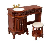 perfeclan Tocador para Casa de Muñecas Mueble Baño Miniatura Lavabo Armario Taburete Gabinete con Lavabo Ovalado y Espacio Inferior Abierto Adecuado para