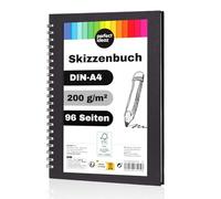 perfect ideaz Cuaderno de bocetos DIN A4, 96 páginas (48 hojas), dibujo profesional, tapa dura negra, encuadernado anillas en espiral con papel en blanco, 200 g, cuaderno negro en blanco para dibujar
