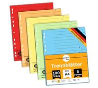 perfect line - 100 separadores, 5 colores - Papel reciclado estable, para carpetas DIN A4 y carpetas de anillas - Certificado Blauer Engel - Fabricado en Alemania