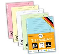 perfect line - 100 separadores, 5 colores pastel - Papel reciclado resistente para carpetas A4 y carpetas de anillas - Para oficina, escuela o casa - Certificado Blauer Engel
