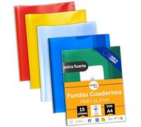 perfect line - 15 fundas para cuadernos DIN A4 - 5 colores transparentes, extra fuertes - Fundas transparentes de polipropileno reciclable, indelebles, sin ácidos, duraderas, para la escuela y la