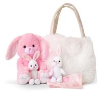 Perfectto Design Regalos de Pascua para niños, juguete de conejo de peluche, 5 piezas, conejo de peluche para mamá, 2 conejitos bebés y bolsa peluda. Regalo de peluche suave de conejo de Pascua para