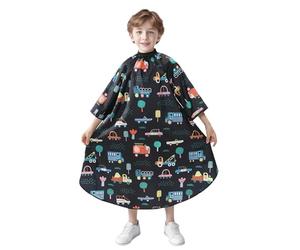 PERFEHAIR Capa de corte de pelo para niños con mangas, bonito estampado de coches, cuello ajustable, cómoda capa de peluquero para niños y niñas, ideal para uso doméstico o salón, delantal profesional