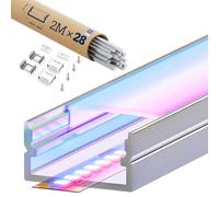 Perfil LED de aluminio 2 m x 28 para tiras LED de hasta 17 mm, forma de U, perfil LED con difusor de PC lechoso, tapas finales y clips de metal, ideal para iluminación indirecta en techos, paneles de
