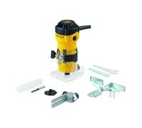 Perfiladora 550W 6mm, velocidad 35.000 rpm, máx diámetro fresa 26mm. Incluye fresa recta, 2 llaves fijas, guía paralela, guía de recorte y plantilla