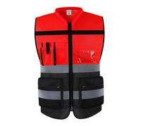 perfk Chaleco reflectante ropa de trabajo transpirable con bolsillos con cremallera para topógrafo que camina perros, Rojo Negro XL