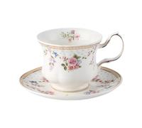 perfk Juego de tazas y platillos, taza de café con asa antideslizante, romántica, multiusos, portátil, para latte art, tazas de té florales, regalo, Platillo Redondo