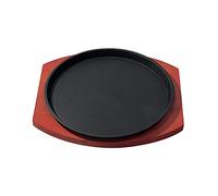perfk Plato de bistec de Hierro/Tamaño Personal Redondo con Base de Madera Chisporroteando Carne Sartén para Asar Chisporroteo Plancha/para, 23CM