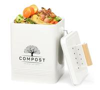 PERFNIQUE Contenedor de Abono de Cocina de 1.7 Galones con Tapa, Cubo de Compost para Encimera Interior Incluye 2 Filtros de Carbono, Hierro Galvanizado, Color Blanco Crema