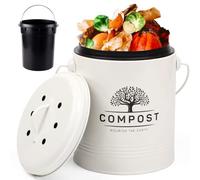 Perfnique Cubo de Compost de Cocina, 1.3 galones, con Tapa, Forro Interior y Filtro de Carbono, Cilíndrico, Hierro Galvanizado, Crema