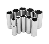 Performance Tool W38600 - Juego de herramientas de llave de vaso profundo SAE de 3/8 pulgadas para garajes y talleres, cromado, 10 piezas