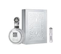 Perfume Fakhar Platin Eau de Parfum 100ml, Perfume Árabe Unisex de Larga Duración, Incluye Atomizador Recargable 5 ml, Fragancia Unisex Especiada, Frutal y Amaderada con Bergamota y Jengibre (Platin)