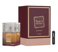 Perfume Khamrah Dukhan Eau de Parfum 100ML, Perfume Árabe Unisex de Larga Duración, Incluye Atomizador Recargable, Fragancia Ahumada y Especiada con Notas de Tabaco, Ámbar y Praliné (Dukhan)