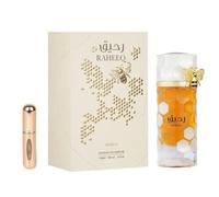 Perfume Raheeq Extrait de Parfum 100 ml, Perfume Árabe Unisex de Larga Duración, Incluye Atomizador Recargable 5ml, Fragancia gourmand oriental con naranja sanguina, caramelo, coco y vainilla (Raheeq)