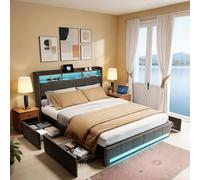 PerGar Cama Doble Tapizada 140 x 200 cm, Marco de Cama con Almacenamiento, Iluminación LED, Carga USB y 4 Cajones, Cama Plataforma con somier de láminas, Camas para Adulto, Lino, sin colchón, Gris