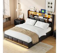 PerGar Cama Doble tapizada con cabecero canapé, Cama con somier 140 x 200, Camas hidráulica de Matrimonio con LED y Puertos USB, Cama con somier Juvenil, Camas Funcional, PU, Negro, sin colchón
