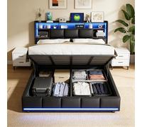 PerGar Cama Doble tapizada con cabecero canapé, Cama con somier 160 x 200, Cama con somier Juvenil, Camas hidráulica de Matrimonio con LED y Puertos USB, Camas Funcional, PU, Negro, sin colchón