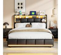 PerGar Cama Doble tapizada con cabecero canapé, Cama con somier 160 x 200, Camas hidráulica de Matrimonio con LED y Puertos USB, Cama con somier Juvenil, Camas Funcional, PU, Negro, sin colchón