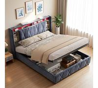 PerGar Cama Doble tapizada de 140 x 200 cm con función de Carga USB e iluminación LED, Espacio de Almacenamiento hidráulico, Cama Funcional, somier de Madera, Terciopelo, Gris, sin colchón