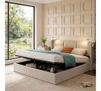 PerGar Cama Matrimonio 160x200, Cama 160x200 con almacenaje, Canape con Cabecero, Camas matrimoniales con luz de Lectura y somier, Moderne Camas Juvenil, Hidráulica Espacio, Lino, Beige, Sin Colchon