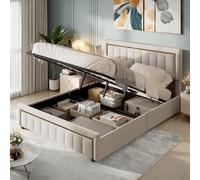 PerGar Cama Tapizada 140x200 cm, para Debajo de la Cama, Cama Matrimonio con Cabecero, Sistema hidráulico, Cama Doble Juvenil con Lamas de Madera, Cama Doble Juvenil, Terciopelo, Beige, Sin Colchón