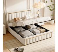 PerGar Cama Tapizada 160x200 cm, para Debajo de la Cama, Cama Matrimonio con Cabecero, Sistema hidráulico, Cama Doble Juvenil con Lamas de Madera, Cama Doble Juvenil, Terciopelo, Beige, Sin Colchón