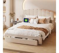 PerGar Cama tapizada, Cama de Matrimonio de 140 x 200 cm, Cama con cajones y Espacio de Almacenamiento y conexión USB, Gran Espacio de Almacenamiento, fácil de Montar, Teddy Velvet, Beige