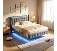 PerGar Cama tapizada de 140 x 200 cm, Cama Flotante con iluminación LED y USB, Moderno Marco de Cama Doble con somier, Efecto Visual Flotante, Terciopelo, Gris Oscuro, sin colchón