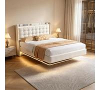 PerGar Cama tapizada de 140 x 200 cm, cama flotante con iluminación LED y USB, moderno marco de cama doble con somier, efecto visual flotante, terciopelo, blanco, sin colchón (blanco, 160 x 200)