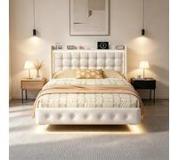 PerGar Cama tapizada de 140 x 200 cm, cama flotante con iluminación LED y USB, moderno marco de cama doble con somier, efecto visual flotante, terciopelo, blanco, sin colchón (blanco, 140 x 200)