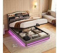 PerGar Cama tapizada de 140 x 200 cm con iluminación LED y almacenamiento hidráulico, cama con función de carga USB y tipo C, estructura de cama de terciopelo con cabecero y compartimento oculto