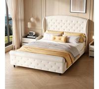 PerGar Cama tapizada de 140 x 200 cm, diseño de trineo, estructura de cama con somier y cabecero curvo, cama juvenil, cama doble, elegante cama de tela para dormitorio, color crema