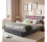 PerGar Cama tapizada de 160 x 200 cm, Cama con Cabecero LED y Almacenaje Hidráulica, Cama Funcional con somier y cabecero con almacenaje, Moderno,Terciopelo, sin colchón, Gris
