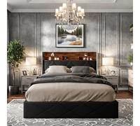 PerGar Cama tapizada de 160 x 200 cm, Cama Doble con cabecero LED y USB, Cama con somier hidráulico con Espacio de Almacenamiento, Cama Juvenil con somier, PU, sin colchón, Negro