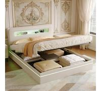 PerGar Cama tapizada doble 160 x 200 cm, cama de almacenamiento hidráulica con LED, cabecero con compartimento de almacenamiento, cama juvenil con espacio de almacenamiento, cama funcional, cajón, sin