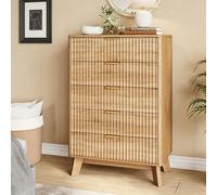 PerGar Cómoda con 5 cajones, con patas de madera maciza y asas de metal, aparador para dormitorio, salón y pasillo, protección antivuelco, 73 x 40 x 108 cm, color roble