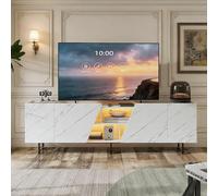 PerGar Mueble de TV con LED, mueble bajo con 4 puertas, armario de televisión con espacio de almacenamiento abierto, aparador moderno, para salón, comedor, dormitorio, blanco, 220 x 34,5 x 67,7 cm