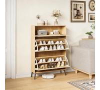 PerGar Zapatero con 2 solapas con 2 cajones, zapatero estrecho de madera, 12 pares, para entrada, pasillo, salón o porche, color roble, 80 x 24 x 114 cm