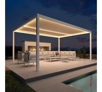 Pérgola de 4,8 x 3,68 m y toldo de jardín de Aluminio Impermeable con Techo de Lamas Ajustable y Tira de Luces LED para Exteriores, Patios y cocheras, Color Blanco.