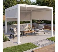 Pérgola HWC-P65 Mendler con 3 paredes laterales, toldo para terraza, cenador de lamas para jardín, estructura de aluminio de 10 cm, 3 x 3 m - blanco