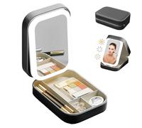 Periodicali Travel Makeup Mirror, Periodical Travel Makeup Mirror, Cosmetic Storage Box Foldable with Rechargeable 3 Color LED Fill Light, Dustproof and Portable for Business Trip, Desk, Home (Blcak)