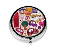 Periódico escolar en inglés. Este pequeño pastillero redondo impreso es un organizador portátil de píldoras y vitaminas, perfecto para bolsillos, bolsos y viajes.