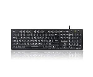 perixx Periboard-317 Teclado retroiluminado LED con cable, impresión de letras grandes, teclado iluminado blanco, tamaño completo, negro, diseño del Reino Unido