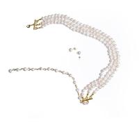 Perlas cultivadas de ónix para mujer, 8 mm, 3 filas ajustables para gargantilla o collar, chapado en oro de 18 quilates con juego de aretes de tuerca de 8 mm, piedras naturales, Perlas de agua dulce