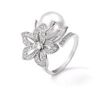 Perlas de imitación de Flores Grandes Anillos de Plata de Oro para Mujeres Anillo de joyería de Fiesta Romántico Dulce Elegante Anillo de Lujo Ligero