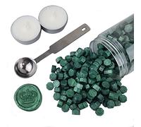 Perlas de selladora, AMTOL 300 perlas de cera Pino verde con 2 velas blancas y 1 cuchara para derretir cera, ideal para invitaciones de boda, sobres de tarjetas, envoltura de regalo.